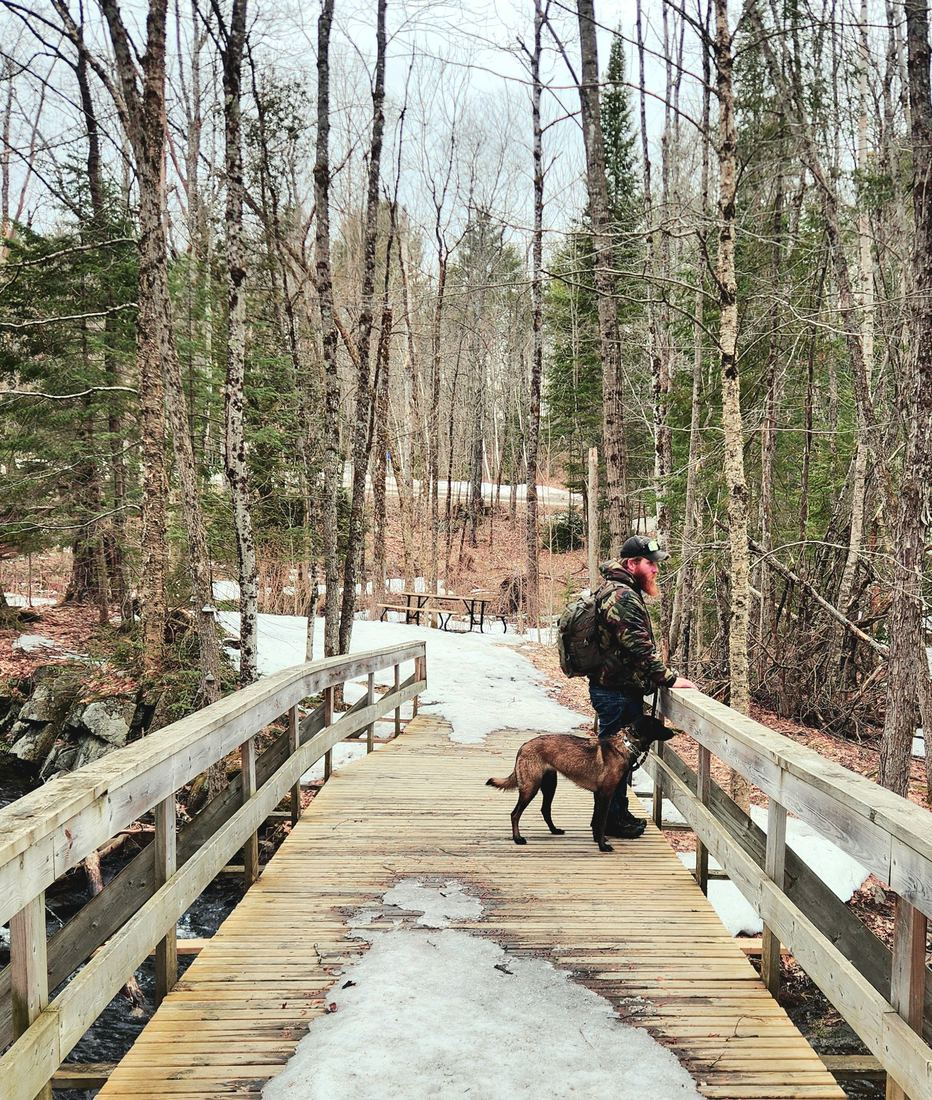 John Stevenson and his dog Rieka on a wooden trail bridge in the woods